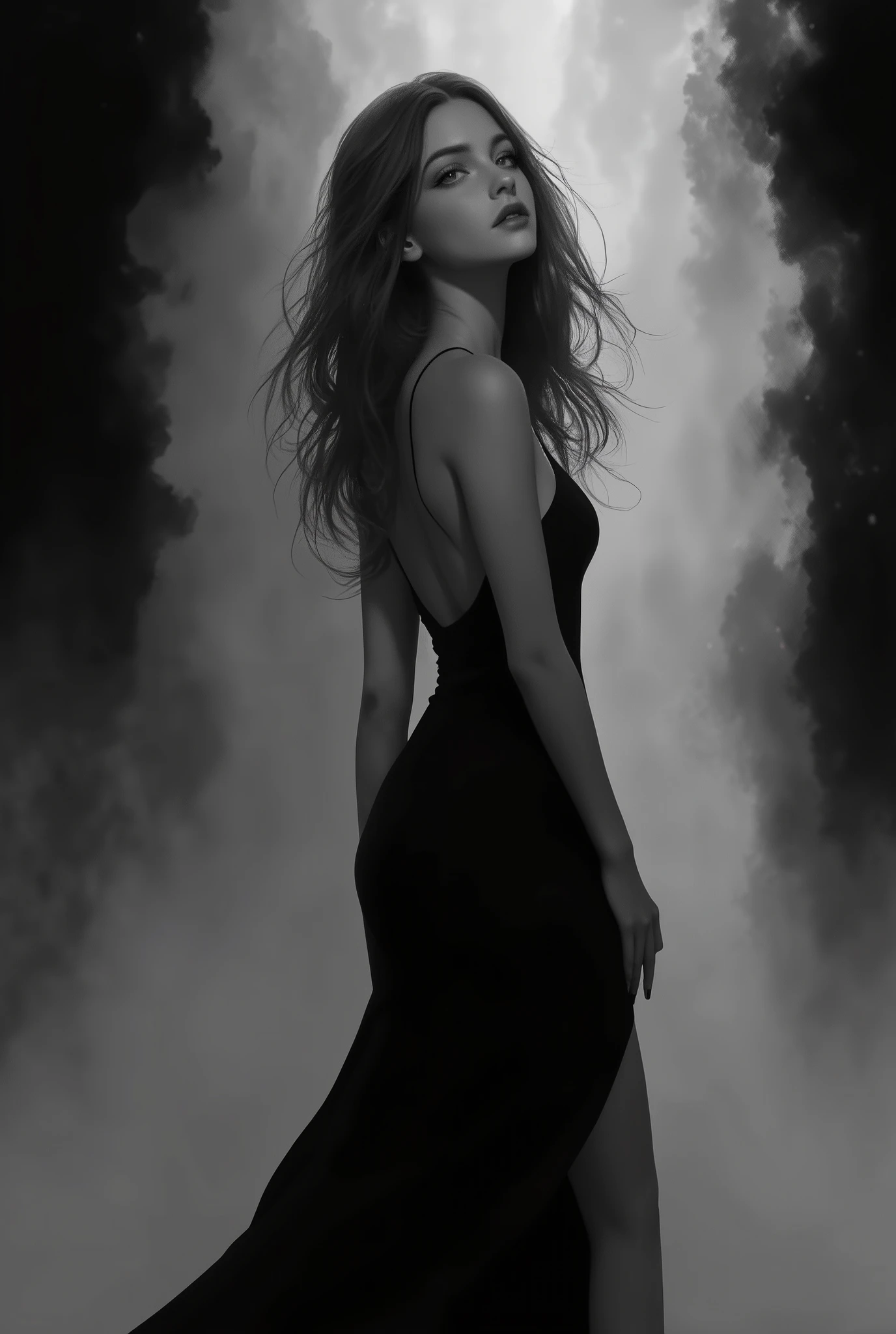 A young woman posing for an artistic photograph. She wears an elegant black dress., scenery, anime style, blanco y negro, Light dark,