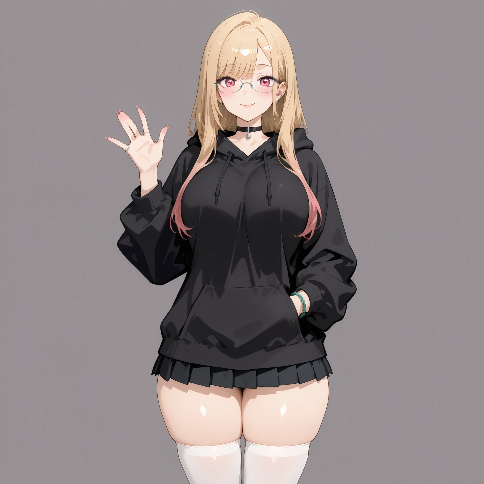 1girl, solo, ktgw, long hair, swept bangs, multicolored hair, colored tips, blonde hair, pink eyes, ear piercing, big breasts, narrow waist, wide hips, thick thighs, black oversized hoodie, black pleated skirt, white thigh high socks, bead bracelet, bracelet, ring, pendant choker, glasses, blushed, smile, cute, hand on pockets, waving hand, standing, looking at viewer, simple background, from the front view, shiny skin, high res