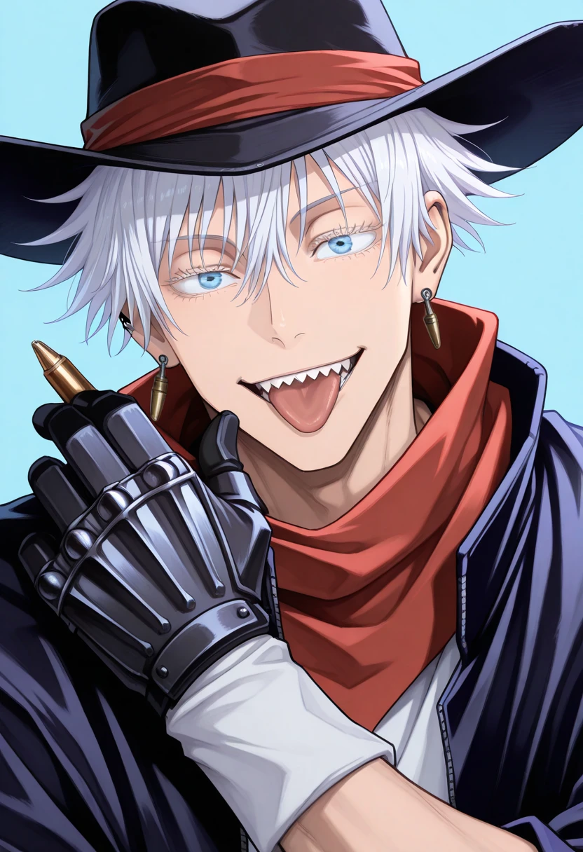 absurdres, highres, ultra detailed, HDR, master piece, best quality, Gojou Satoru, white hair, expressive blue eyes, white eyelashes, left eye closed, Jujutsu Kaisen, solo, sexy man, handsome, horny, lewd, winking, sticking out his tongue, black hat, fantasy black pirate clothes, accessories, showing the chest, beach, sea, petals, flowers