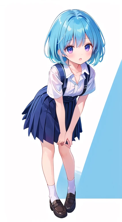 1girl, solo, looking at viewer, blush, short hair, open mouth, bangs, blue eyes, bare shoulders, blue hair, standing, swimsuit, ass, thighs, cowboy shot, horns, looking back, indoors, blunt bangs, from behind, :o, one-piece swimsuit, bare arms, school swimsuit, demon horns, desk, blue one-piece swimsuit, classroom, school desk, chalkboard (loli:1.5), (toddler:1.5).