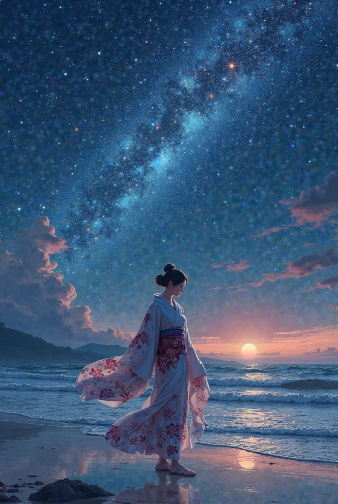 Beautiful woman walking by the seaside with a view of the night sky。I'm walking towards here。Make the starlight a little stronger、Make it a Japanese-style beauty。