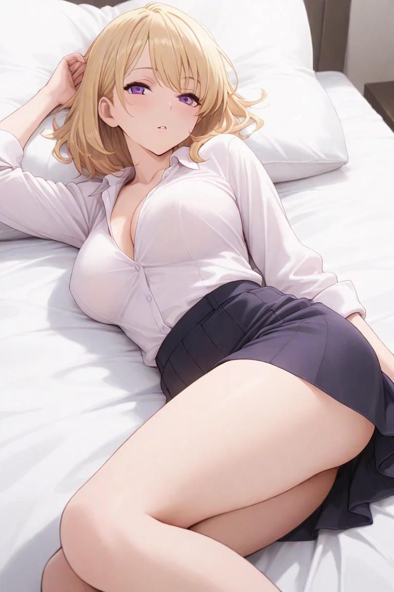 10th Generation,A beautiful woman,Beautiful breasts,Belly button exposed,Tight waist,Moe,Blonde,A short-hemmed white button-up collared shirt,Tie the hem of the shirt,Purple fancy satin bra,Purple satin panties,Pleated skirt with dark blue plaid pattern,Show off your body,Provocative smile,Cleavage,Hotel Bed,Kneeling