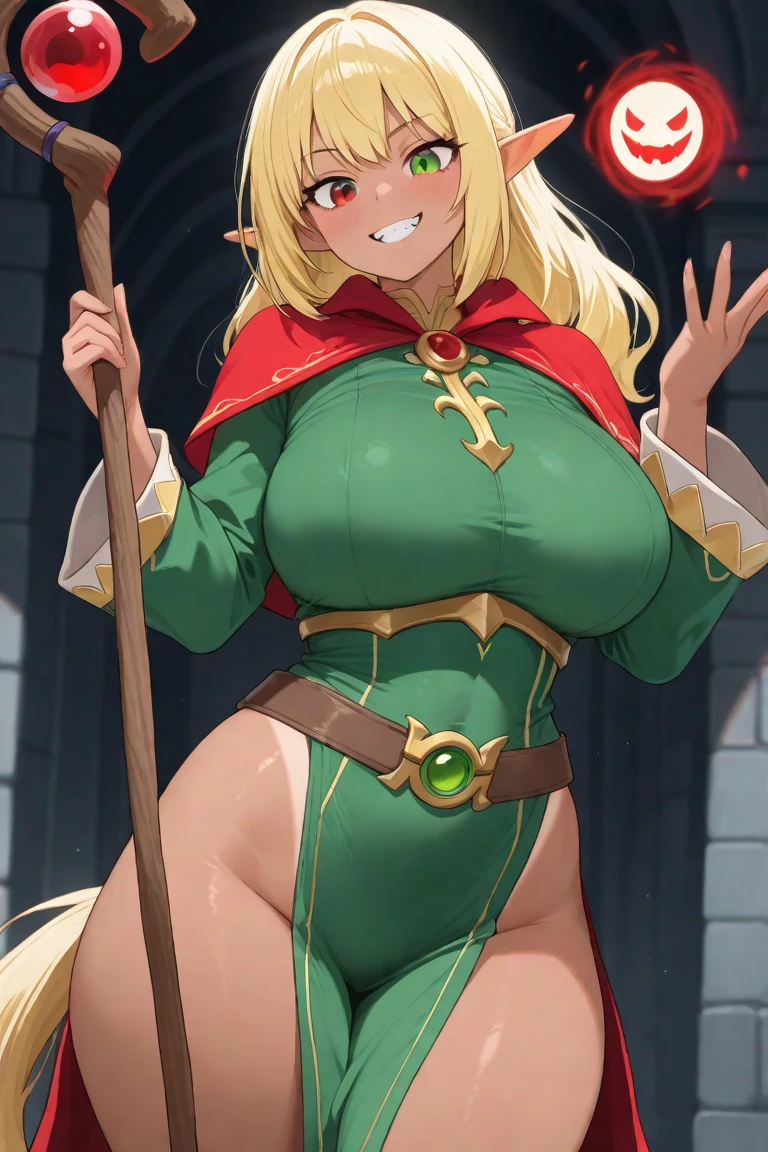 (masterpiece, best quality:1.3), Rakeenart, 1girl, solo, looking at viewer, wide hips, mature female, closed mouth, seductive smile, large breasts, cowboy shot, thick thighs, <lora:Rakeenart Style Lora:.85>, alleyne, elf, side braid, beret, cape, skirt, thighhighs, green footwear, thigh boots, midriff, cleavage <lora:queensblade_alleyne:.8>