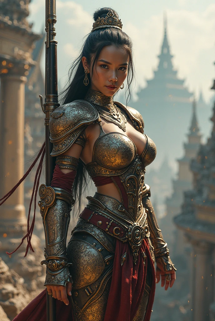 Ultra-realistic photo of a powerful big-breast fantasy beautiful Thai female full-armored warrior with long hair,evil sly smile,wearing highly detailed steampunk Royal-Thai pattern with metallic gold textures and weathered surface armored, ancient royal-Thai ornament warrior hat, holding a long gigantic royal Thai pattern-style ancient rifle gun  ,cinematic lighting, sharp focus, shallow depth of field, high dynamic range, soft shadows, realistic materials, photo taken in a studio with fantasy heaven city background, 85mm lens, f/1.4, ISO 100, 8K photo