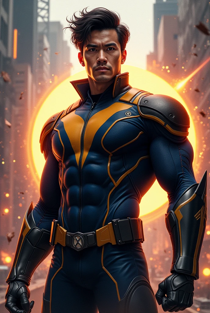 Design a superhero character in the style of Superman, embodying strength, confidence, and a modern aesthetic. The character should wear a suit with a vibrant color combination of yellow, blue, and red. Incorporate the BSC, TRX, and TON logos prominently on the chest, seamlessly integrated into the design, with each logo clearly visible and balanced in the overall look. The suit should be sleek, with dynamic lines and a polished finish, reflecting the heroic and powerful essence of the character