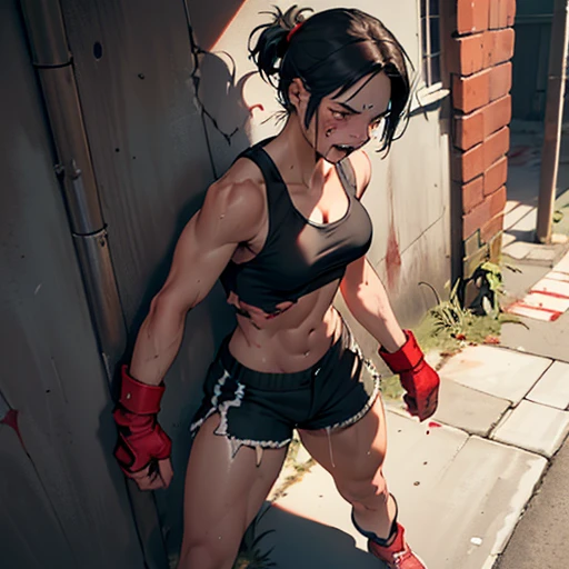 a japanese female streetfighter is beated down in the backstreet. She is on all fours. A bloodied and bruised female fighter looks down, mouth wide open, one eye closed. She has a lot of punches from the male fighter. she has big pain. she is damaged terribry. Short-cut black hair, out of breath, drooling from mouth, exhausted, drenched in sweat. Erect nipples, open finger glove, Whittled waistline, muscular, six-pack abs, Ragged tanktop and denimshorts. Puffy nipples.