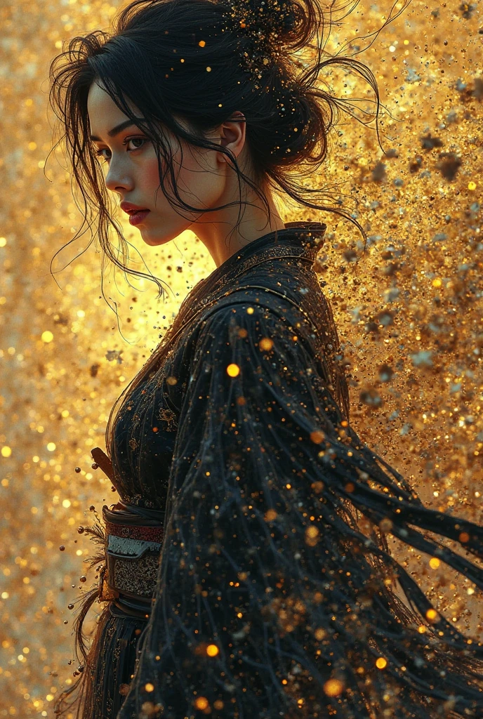 Perfect centralization , Fantastic Black Gold Beam, A Japanese lady、prazer, standing position, abstract beauty, meio, looking at the camera, facing the camera, getting closer to perfection, dynamic, highly detailed, suave, sharp focus, 8k, High resolution, illustration, arte de Carne Griffiths e Wadim Kashin,