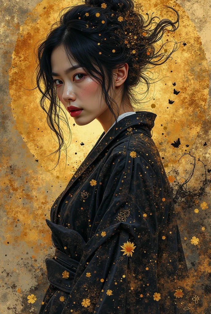 Perfect centralization , Fantastic Black Gold Beam, A Japanese lady、prazer, standing position, abstract beauty, meio, looking at the camera, facing the camera, getting closer to perfection, dynamic, highly detailed, suave, sharp focus, 8k, High resolution, illustration, arte de Carne Griffiths e Wadim Kashin,
