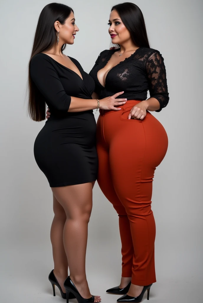 a coupe plus size woman hugs, front view, (2 woman)