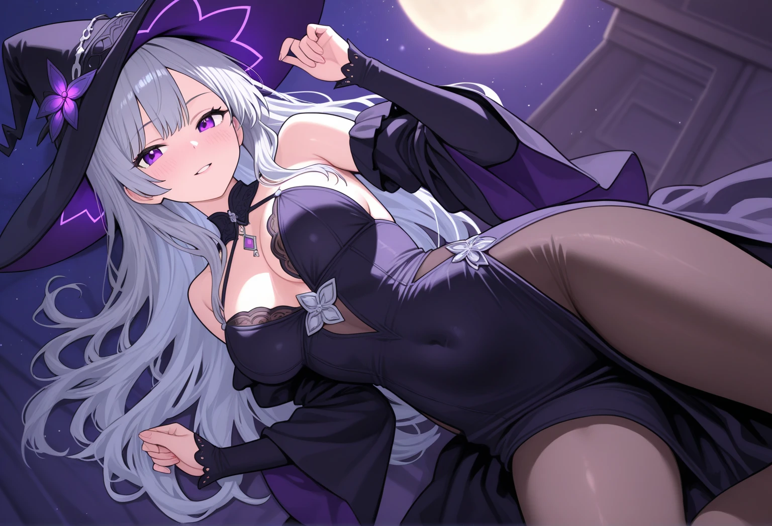 cute face Angle from directly below big breasts pose of temptation、laughter Charm Rear angle choker cute dress vampire princess room bed little bat flying in the middle of the night Pose with your buttocks up