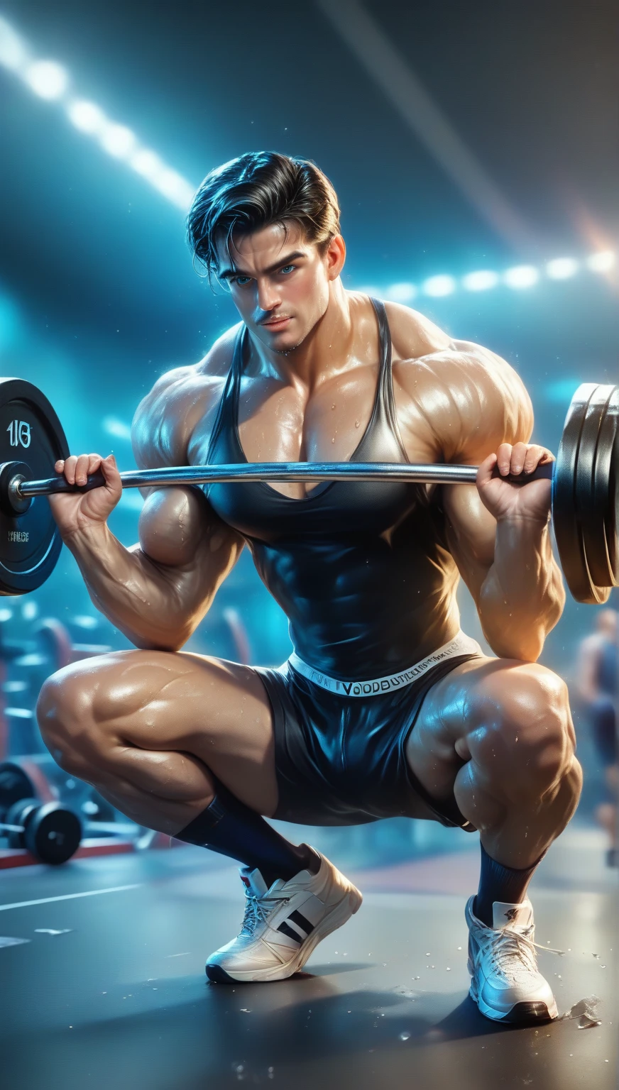 Best quality, masterpiece, expressionless, ultra high resolution, detailed background, realistic, 1 man, solo, male, muscular, mature male, short hair, standing, only in underwear, bodybuilder, bodybuilder pose, gym, with dumbbells, bodybuilder, real shadow and light, depth of field.