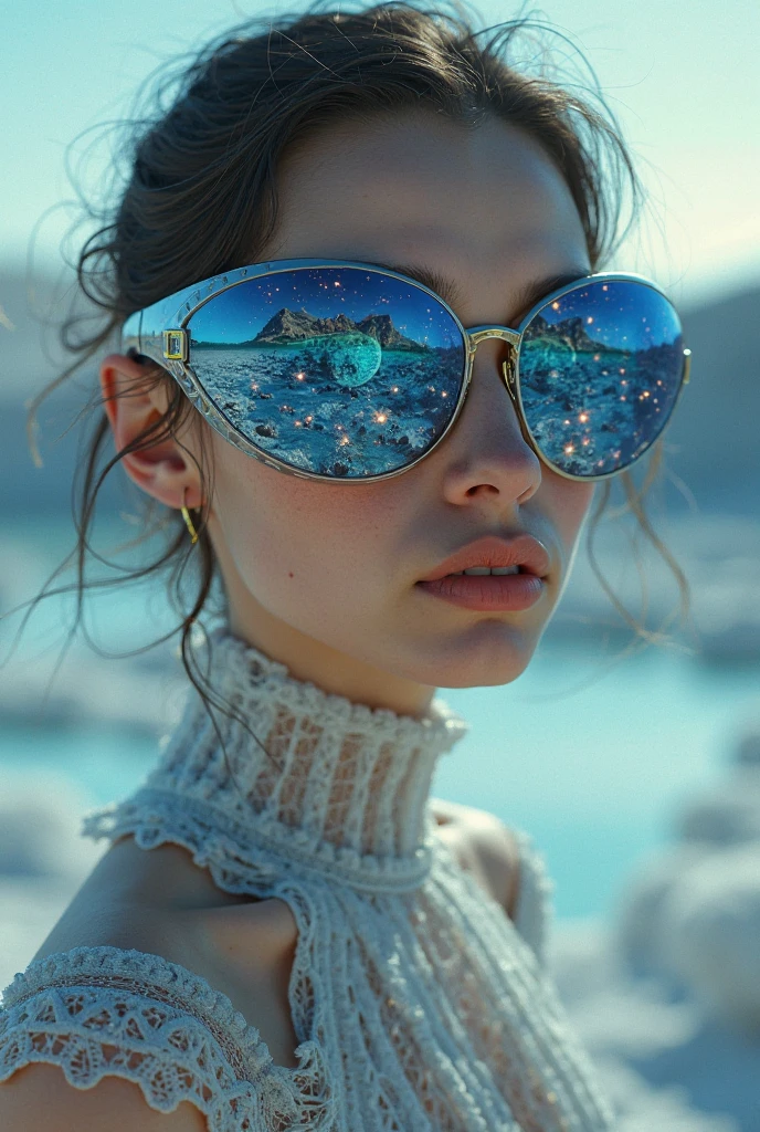 The model is wearing glass sunglasses with stars and the moon on the glass
