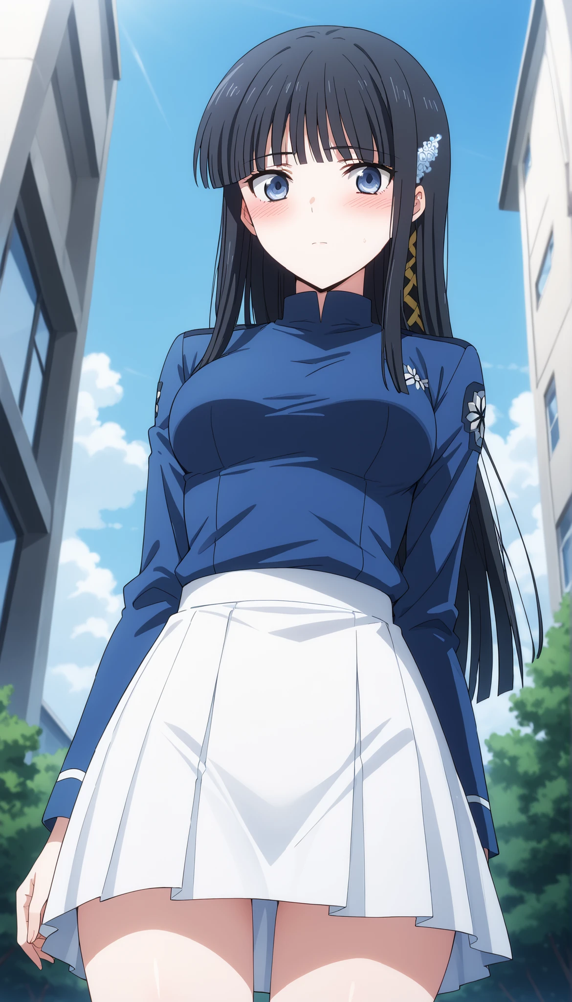 (((Shiba Miyuki))),((private clothes)),((white tight skirt)),Navy blue shirt,(((medium breasts))),((low angle)),((blush)),black hair,long hair,Outdoors,Ulchan-6500-v1.1, ( RAW photos :1.2), Beautiful Detailed, very detailedな目 美しい目,beautiful eyes、Blue eyes、 Large file size, high resolution, very detailed, top quality, [masterpiece:1.6], Awareness-raising, very detailed, CG, finely, top quality, 8K wallpaper, perfect body shape,very detailed,Slim and beautiful thighs
