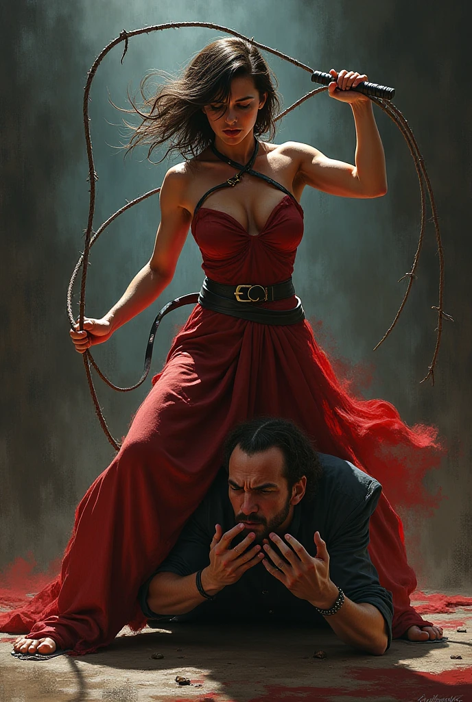 Illustration of a woman hitting a man with a whip