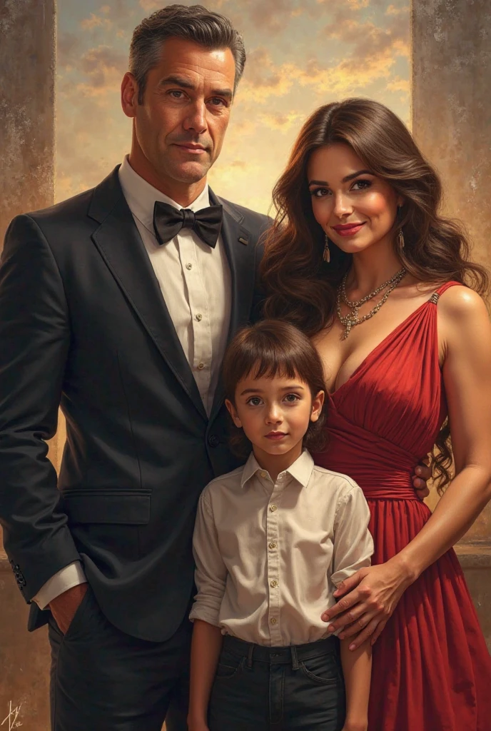 digital painting of a family of three, an athletic husband of 44 years wearing a suit, a voluptuous wife of 42 years wearing a designer dress and jewelry, anda busty daughter of 22 years wearing a shirt and a blouse, high quality, masterpiece, photorealistic, 8k, ultra-detailed, dramatic lighting, warm color palette, beautiful background scenery, intricate details, family portrait, fashionable couple