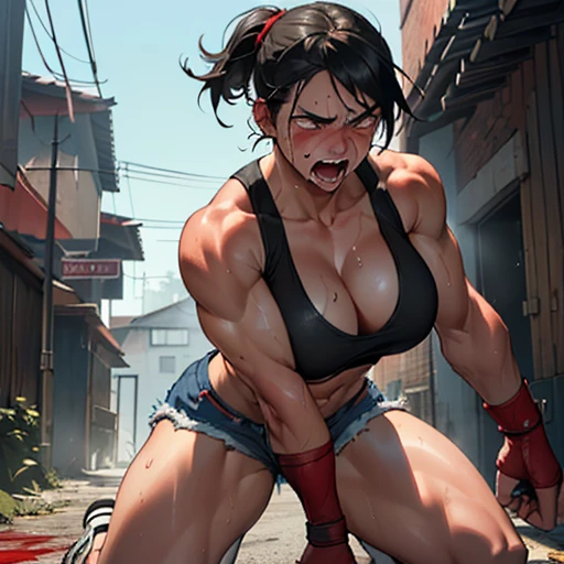 a boody pretty young japanese girl streetfighter is in back street. she is loser. she was knoked out. she was defeated. she was beated terribly. She is running out of energy. she is crying and screaming. she has short-cut black hair, shortness of breath, drool from her mouth, closed eye, exhaustion, and sweat soaked. open finger grobe. full body. Muscularity. Six pack abs. Erect nipples.
