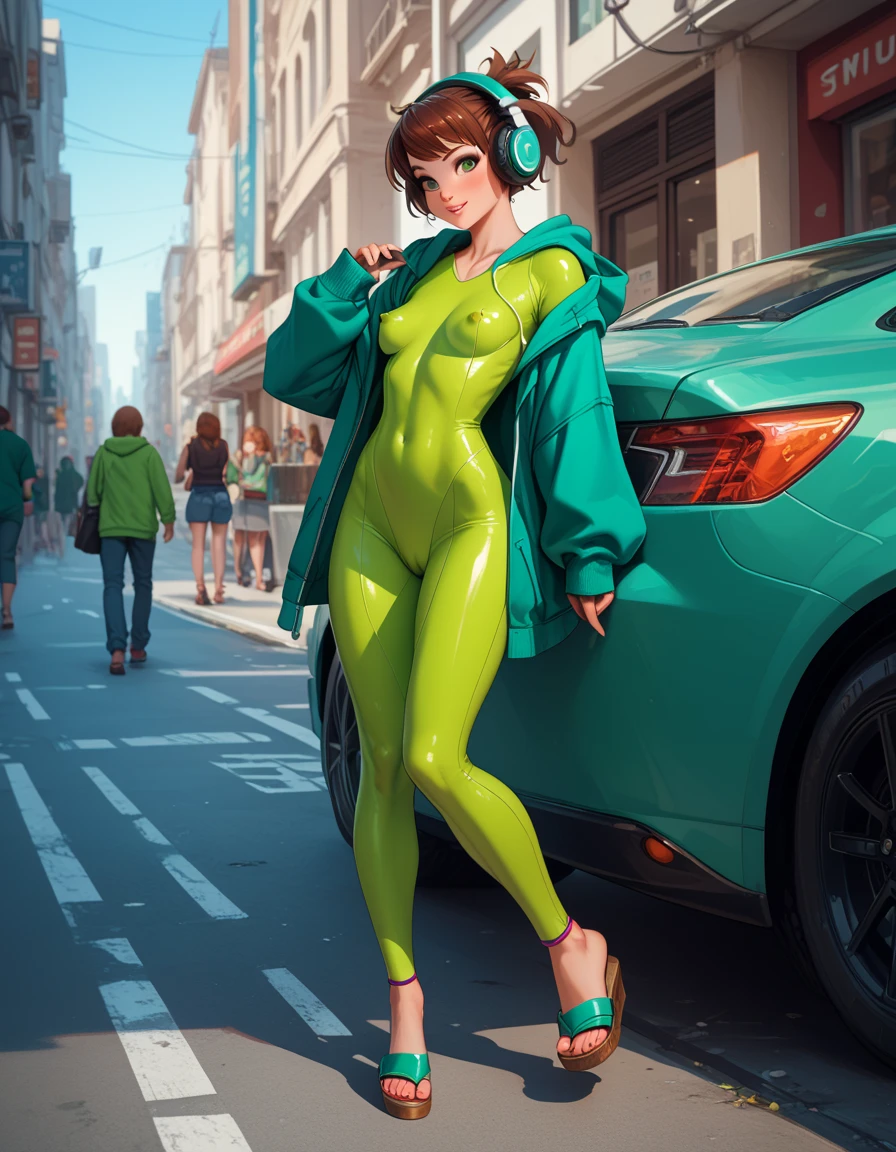 girl, short brown hair, short ponytail, vivid green eyes, wearing a ((skin colored bodysuit)), open hoodie, ((green hoodie)), small breasts, perfect anatomy, striding confidently down a city street, very detailed, wearing headphones, sandals, erect nipples, futanari, girl with penis, erection under bodysuit