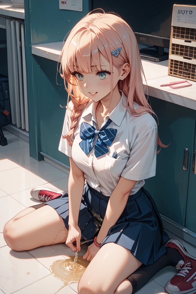 From above, (Squint your eyes:1.2), close, One Girl, blush, sit, nsfw,beautiful girl,Wear a uniform, Light blue skirt, Anime move,Two Side Up