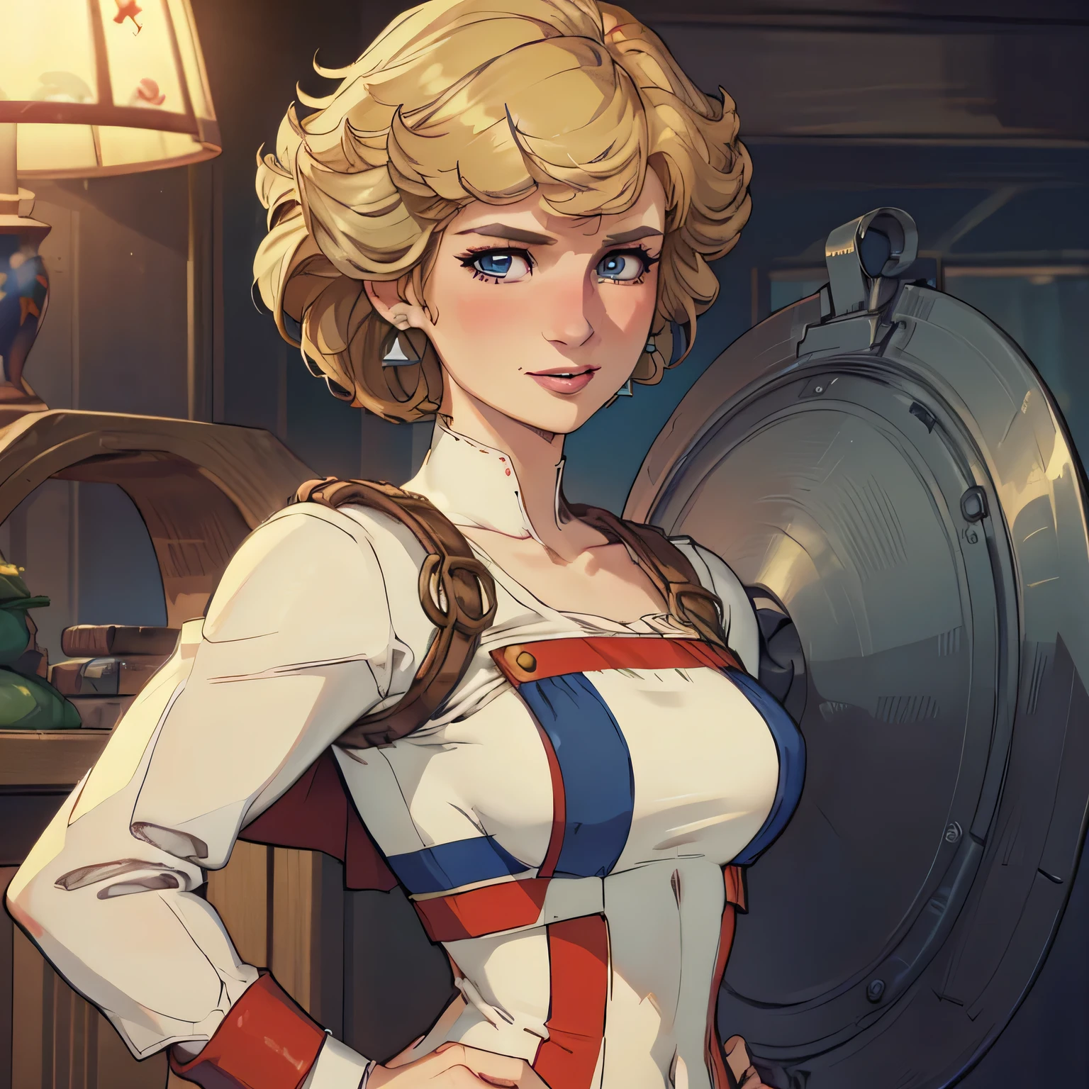 (masterpiece:1.3), (8K, Realistic, RAW Photos, Highest quality: 1.4), (One Girl), Beautiful Face, (Realistic Face), Beautiful Hairstyles, Realistic eyes, Beautiful details, (Realistic Skin), Beautiful Skin, Absurd, charm, Ultra-high resolution, Ultra-realistic, Very detailed, Golden Ratio, (Best Shadow), Cinematic, (Complex:1.4), High Contrast, Side lighting, ((Accurate hands and fingers)), Caucasian female, ((Princess Diana)), (laughing:1.1), (Captain Britain), (Blonde Hair, short hair:1.3), NSFW (大きな乳房), くびれたウエスト, 大きな尻, NSFW (she have UnionJack body peint), (she have UnionJack large round shield), BREAK ((バストアップ))