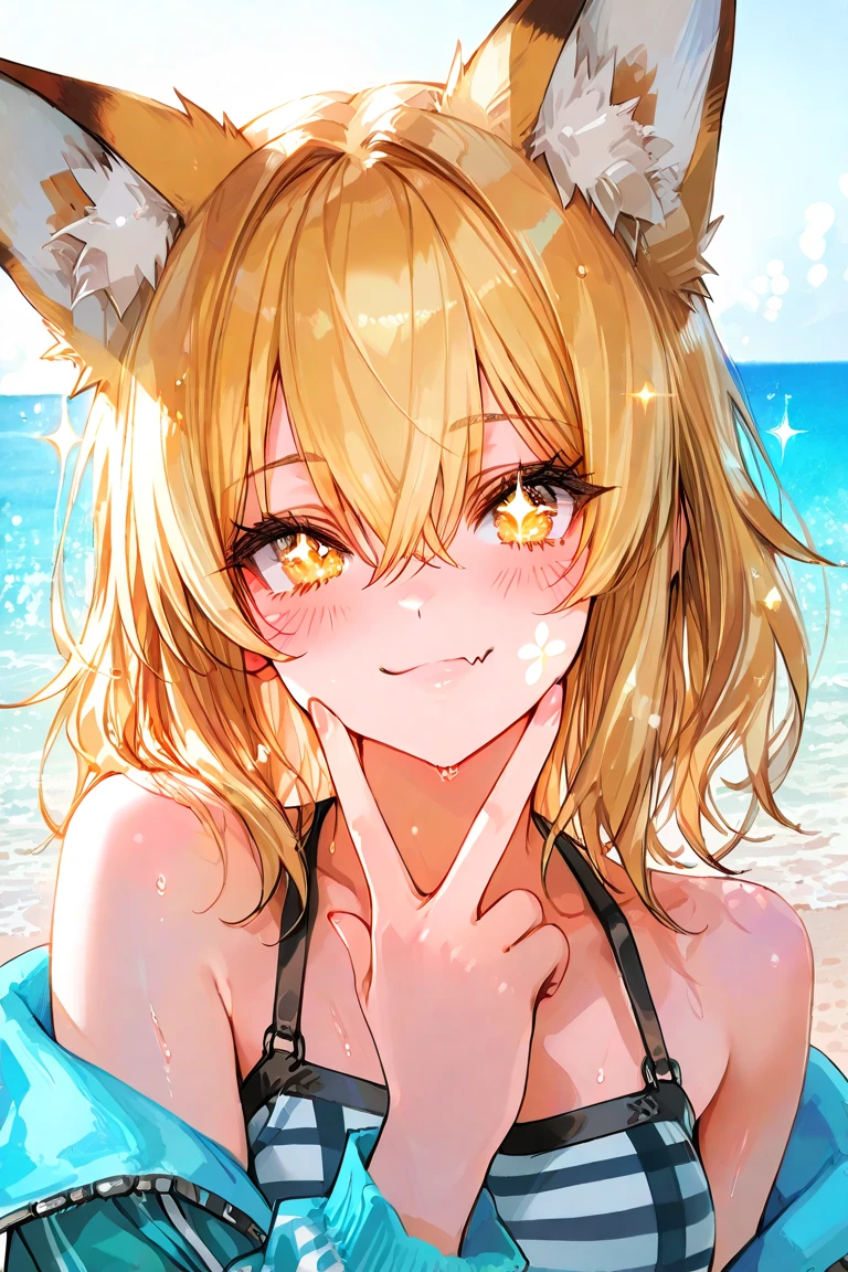 (muste piece), (best quality), (score_9, score_8_up, score_7_up), very detailed eyes, expressive eyes, perfect face, very detailed face, highly detailed face, beautiful girl, 8K, beautiful girl, white background, delicate and beautiful face and eyes, dark intense shadow,
1 girl, vtuber style, cool girl, hololive, vtuber, rurudo_lion, blond lion ears, blond lion tail, blond hair, short hair, blond eyes, hair between eyes, untied bikini, mini bikini, front-tie bikini top, side-tie bikini bottom, cameltoe, small chest, cropped shoulders, clavicle, wet body, wet hair, one eye close winking, smile, body visible through clothes, chest visible through clothes, ass visible through thighs, (full body), barefoot, naked thighs, sitting, indian style, open legs wide,