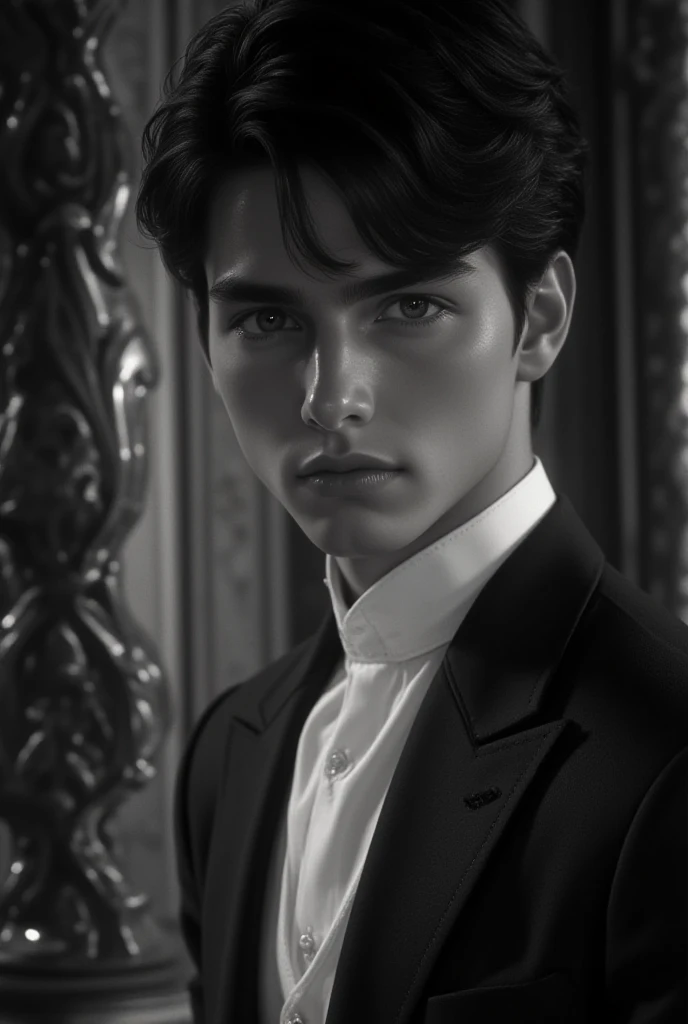 A young man posing for an artistic photograph.  He wears an elegant suit, scenery, anime style, blanco y negro, Light dark, close-up, 