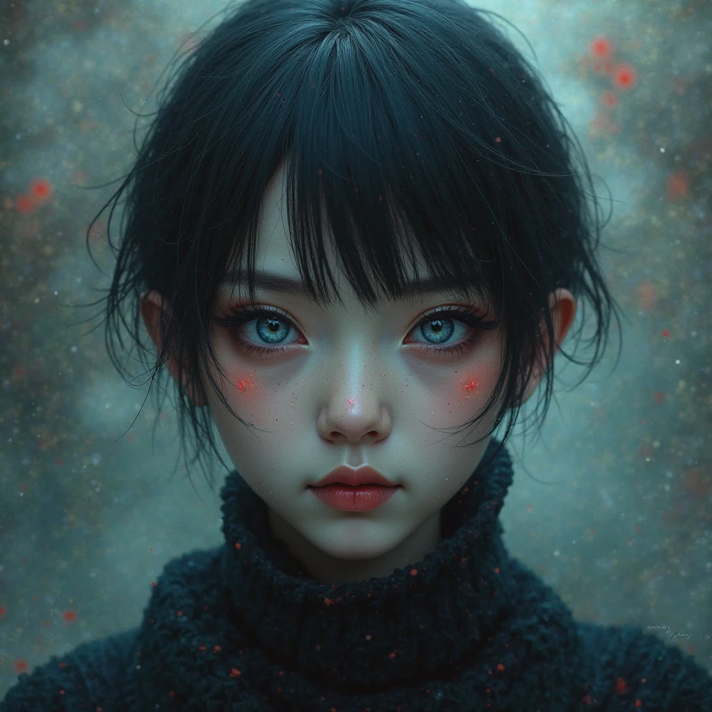 Frange Entre les Sourcils, Solo, Cheveux Courts, HD model, Seins, Yeux bleus, Yeux Rouges, Sourire, Flou, Ukiyo-e, 