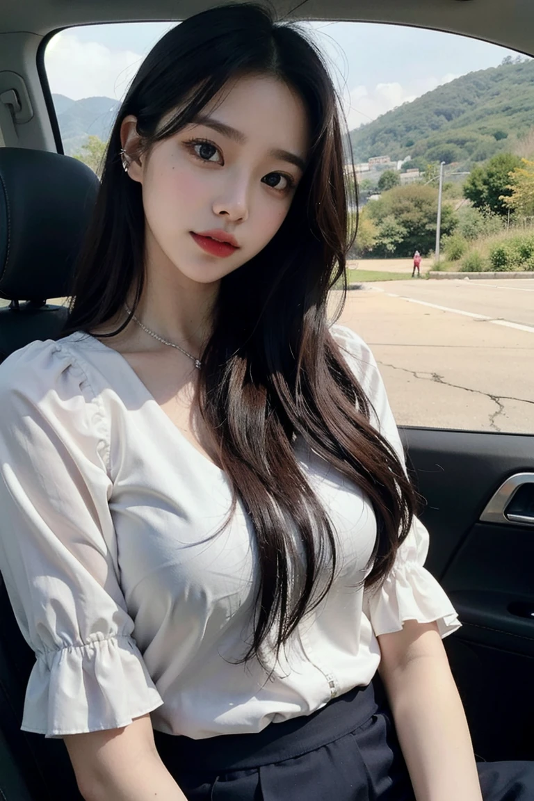 ((top-quality、8k、masterpiece:1.3))、Beautiful woman with perfect body:1.4、slim abdomen:1.2、Longhair, normal breast, Highly detailed facial and skin texture, A detailed eye, delicate eyes, double eyelid, (smile), (full body shot), ((sitting in car 1.1)), (sitting on car), ((wearing white uniform)), looking in front