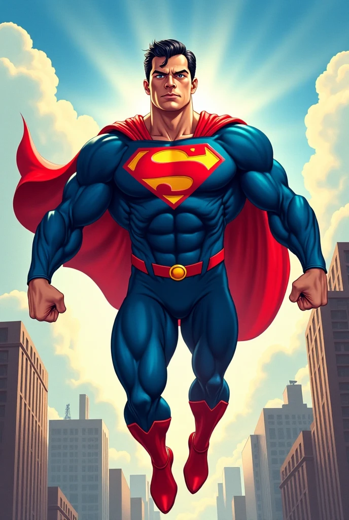 A muscular superhero man flying through the sky, wearing a tight blue suit with a red cape and boots, a bold emblem on his chest (not the Superman logo), short black hair slicked back, powerful and confident expression, cityscape in the background, bright sunlight and dramatic clouds, comic book style illustration