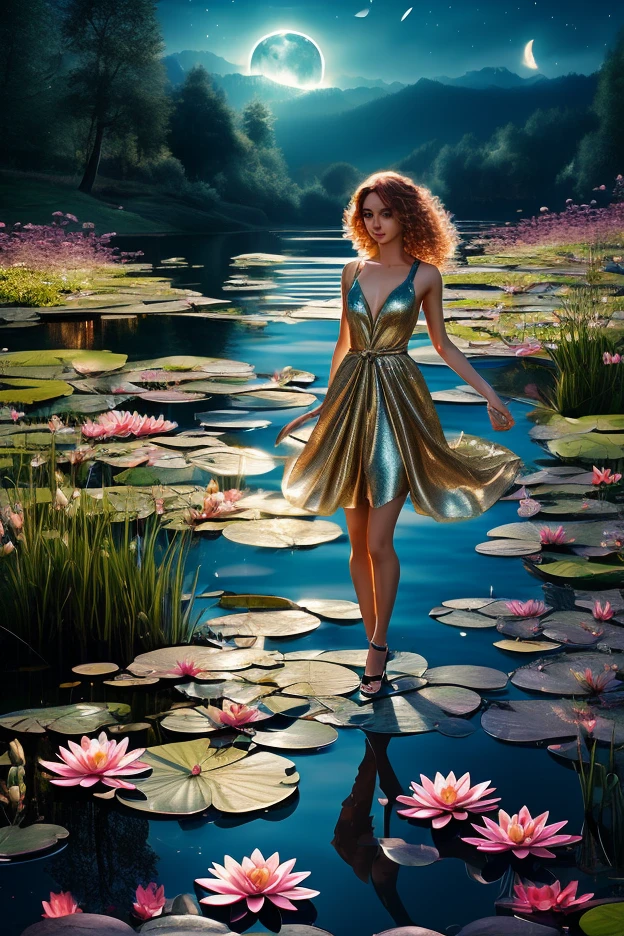 A feminine fairy with a youthful and mysterious appearance, floating above a moonlit lake. It has thin and luminous wings, similar to those of a dragonfly, that emit a soft glow. Its skin is slightly golden, shining green eyes and curly copper-colored hair that falls to the Waist. She wears a dress made of shiny silk and stardust. Around it there are fireflies, water lilies and magical reflections in the water. The atmosphere is nocturnal, full of magical energy. artistic style: realistic fantasy with cold tones and soft glitters.
