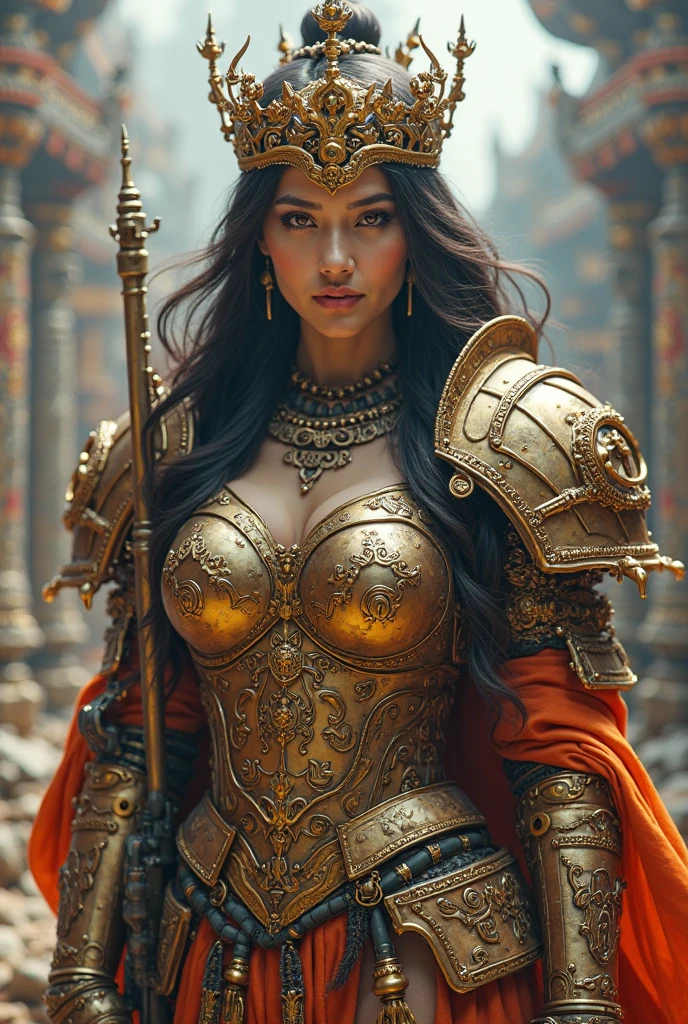 Ultra-realistic photo of a powerful big-breast fantasy beautiful Thai female full-armored warrior with long hair,evil sly smile,wearing highly detailed steampunk Royal-Thai pattern with metallic gold textures and weathered surface armored, ancient royal-Thai ornament warrior hat, holding a long royal Thai style ancient sniper rifle  ,cinematic lighting, sharp focus, shallow depth of field, high dynamic range, soft shadows, realistic materials, photo taken in a studio with fantasy heaven city background, 85mm lens, f/1.4, ISO 100, 8K photo