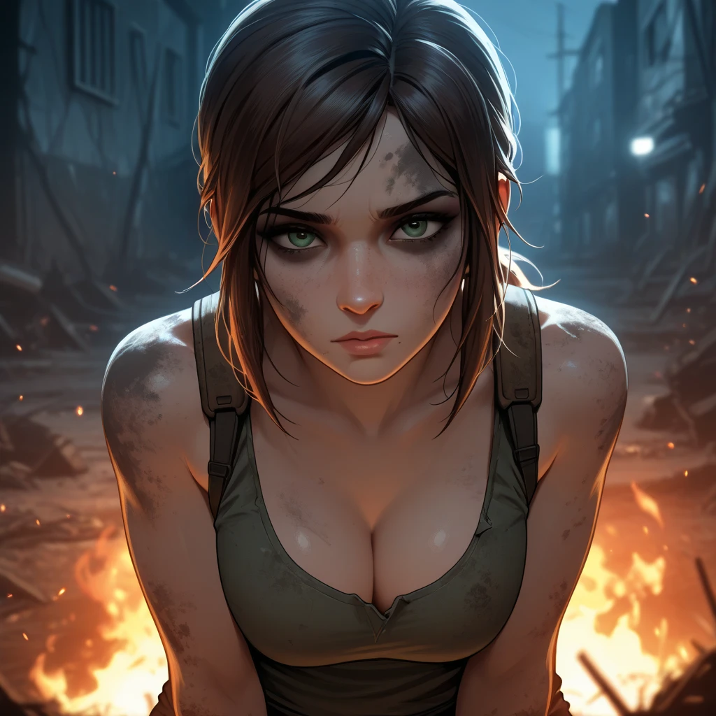 anime woman, in the form of Ellie, the last of us, green eyes, big partially naked , masterpiece, high quality, post-apocalyptic slightly dirty high quality, high detail, at night by the fire
