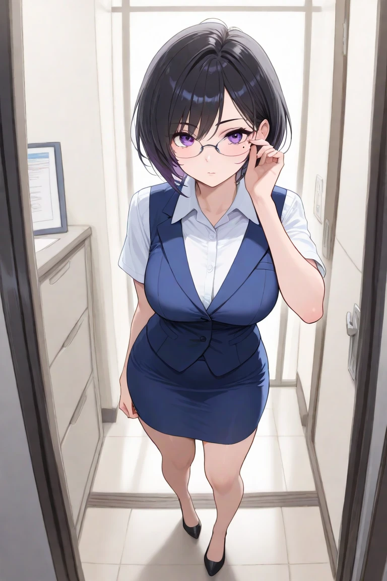 highest quality, High resolution, 1 girl, focus only, small breasts, it is in it, black pants, Glasses Blush, embarrassing,Reluctant, hands on knees, nipples, short hair, black hair, examination room, doctors around, sitting on a stool, no bra, someone groping her breasts, front, multiple male genitalia around