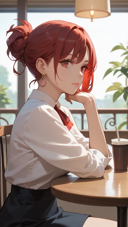 1 girl, solo, high resolution, turn your gaze, smiles, red eyes, accessories, earrings,  quick, red hair, Cafe
