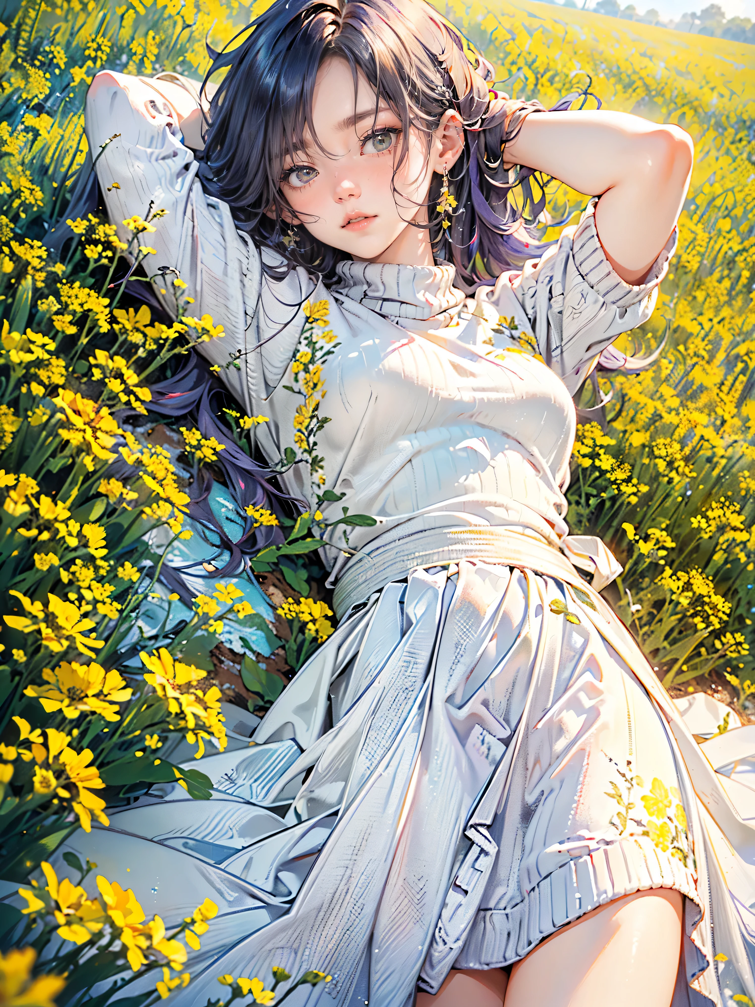 Best quality, high resolution, (High quality: 1.4), masterpiece, detailed background, realistic, RAW photo, ((Three heterochromia high school girls)), ((Heterochromia, red eyes, green eyes)), ((Sparkling and detailed eyes)), ((Long silver and purple hair)), Transparent smooth white skin, Glossy skin, Small breasts, ((Yellow wool sweater with floral embroidery)), Wearing a green flared skirt, ((Lying on her back with her hands clasped behind her head in a field full of rapeseed flowers),
Lying on her back, Anatomically accurate depiction, Delicate depiction down to the fingertips, Faint sunlight, Rape flower field