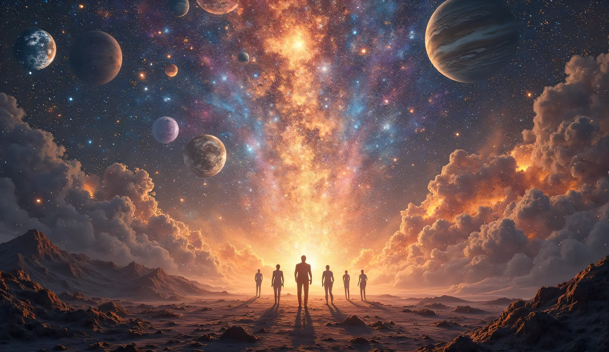 A wide view of a galaxy filled with stars, planets, and glowing energy lines connecting them. Humanity stands at the center, surrounded by representatives from various species. The light from distant stars illuminates the scene, symbolizing unity, hope, and a future built on truth. The galaxy now appears vibrant, peaceful, and full of possibility as the new era unfolds.