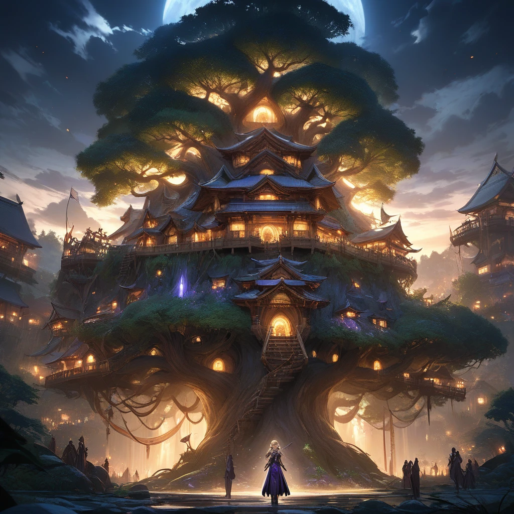 ((extreme quality)), ((Masterpiece)), ((Enrich the picture，Masterpiece level quality)), golden hair, long Braided Hair, medium breasts, golden eyes, fierce woman, ultra eyes details, RAW 4K, Realistically , ((great effect to highlight the subject)) , ( cinematic lighting, moody, textile shading), perfect proportions, ultra detailed, ultra background detailed, volumetric lighting, soft lighting, glossy skin, beautiful face, Special face details, strong emotions, elegant gesture, Detailed facial features, Long eyelashes, contrast, Incredible atmosphere, Fascinating setting, Haunting beauty , ear rings, High empress elf, หน้านิ่ง, black empress Elf cloth, empress elf pin hair, Massive tree house city, A lot Tree House, elf people on tree house, nigth city, night sky, beautiful sky, little smile,