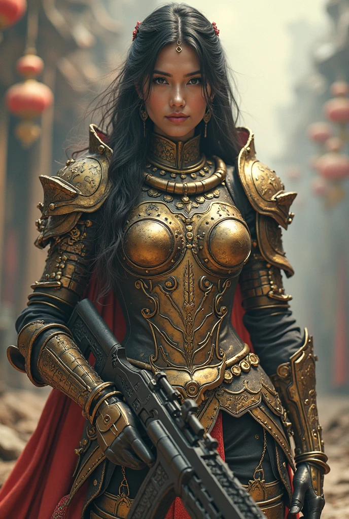 Ultra-realistic photo of a powerful big-breast fantasy beautiful Thai female full-armored warrior with long hair,evil sly smile,wearing highly detailed steampunk Royal-Thai pattern with metallic gold textures and weathered surface armored, ancient royal-Thai ornament warrior hat, holding a long royal Thai style ancient sniper rifle , dynamic pose , cinematic lighting, sharp focus, shallow depth of field, high dynamic range, soft shadows, realistic materials, photo taken in a studio with fantasy heaven city background, 85mm lens, f/1.4, ISO 100, 8K photo