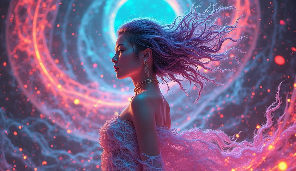 masterpiece, top quality, best quality, official art, beautiful and aesthetic:1.2), (1girl:1.3), extremely detailed,(fractal art:1.1)neon,(colorful:1.1)neon(flowers:1.3)neon,highest detailed,(zentangle:1.2)neon, (dynamic pose), (3D abstract background:1.3) neon, (shiny skin), (many colors:1.4)neon, (feathers:1.5), neonlight, neon turntable djing