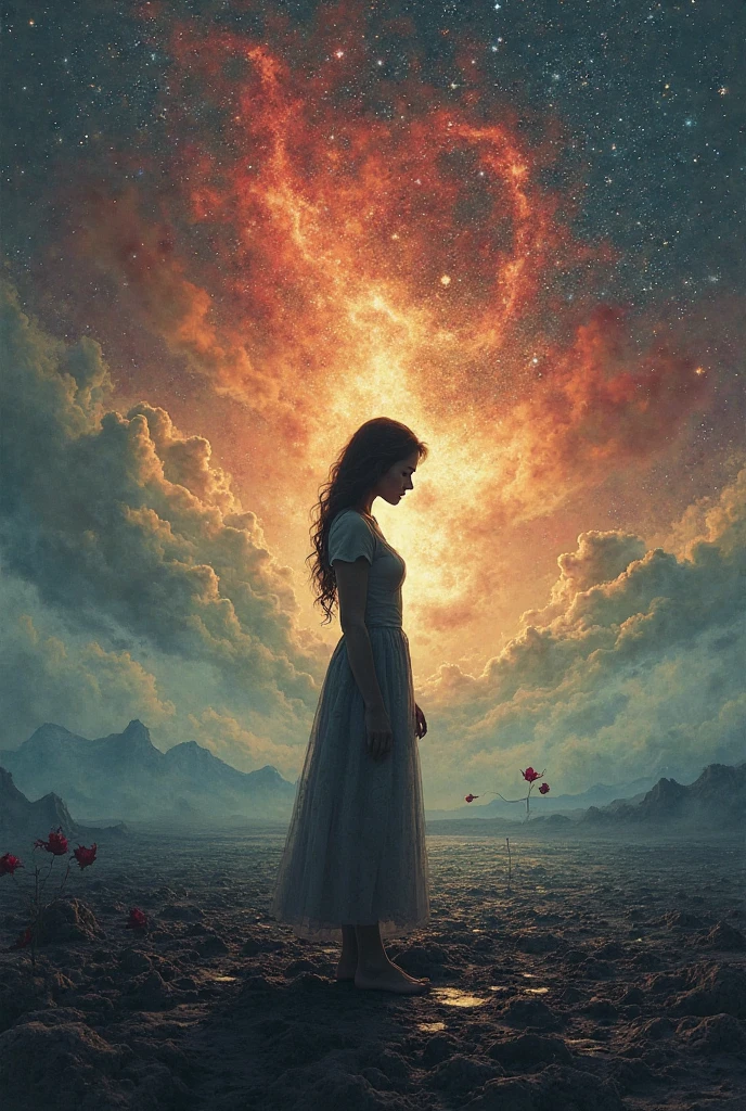 Visual Composition
Main Figure: A woman standing alone in the center, mid-silhouette, with a strong stance yet bowed head. Her body language shows both strength and sorrow.

Her posture conveys resilience — upright spine, hands clenched — but her gaze is downward, capturing loss.

Background: A surreal, almost dreamlike landscape — scorched earth merging into a starlit sky.

This creates a juxtaposition between desolation and hope.

Subtle Elements:

Ghostly outlines of a ’s silhouette in the background fading into mist.

A wilted flower in the woman’s hand or falling from her grasp, signifying love and loss.

A faint piano or violin shape blended into the clouds or landscape, representing music as an emotional vessel.

Color Palette
Crimson & Deep Indigo: For raw emotion — love, loss, strength.

Muted Gold Accents: Subtle elegance and realization of self-worth.

Cool Greys and Ash Tones: For remorse, melancholy, and abandonment.

Hints of Turquoise or Teal: To draw the eye and symbolize healing.

Textures & Style
Brushstroke textures that look hand-painted — evoking raw, unfiltered emotion.

Use subtle glowing effects to highlight the woman’s silhouette — as if lit by inner fire or fading memory.

The overall aesthetic can be a fusion of surrealism and romantic realism, ensuring it feels emotional yet grounded in reality.