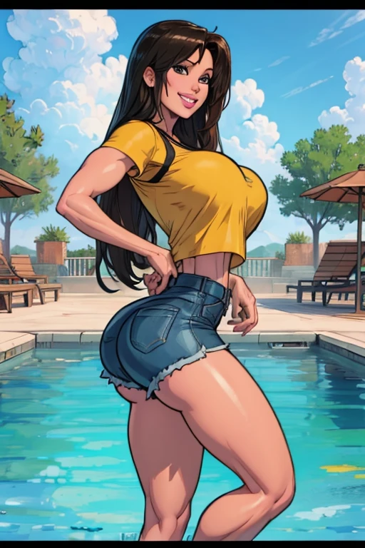 (melhor qualidade:1.3), (qualidade 4K), good composition, green glowing light, full body, head rest, lips, (pretty face, low-tied long hair, ((red_eyes:1.3)), (day:1.2),yor, (Grinning smile) ,(((blush))))), ((large udder)), thicc thighs, huge breasts, wearing denim shorts and a white micro crop top, in swimming pool,pure eyes, realistic pupils, highly details eye, perfect anatomy, good anatomy, good composition,  toned back, looking at viewer,from behind、posterior view、 lying back on