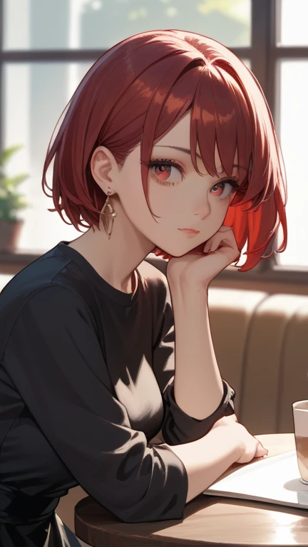 1 girl, solo, high resolution, turn your gaze, smiles, red eyes, accessories, earrings,  quick, red hair, Cafe,short bob