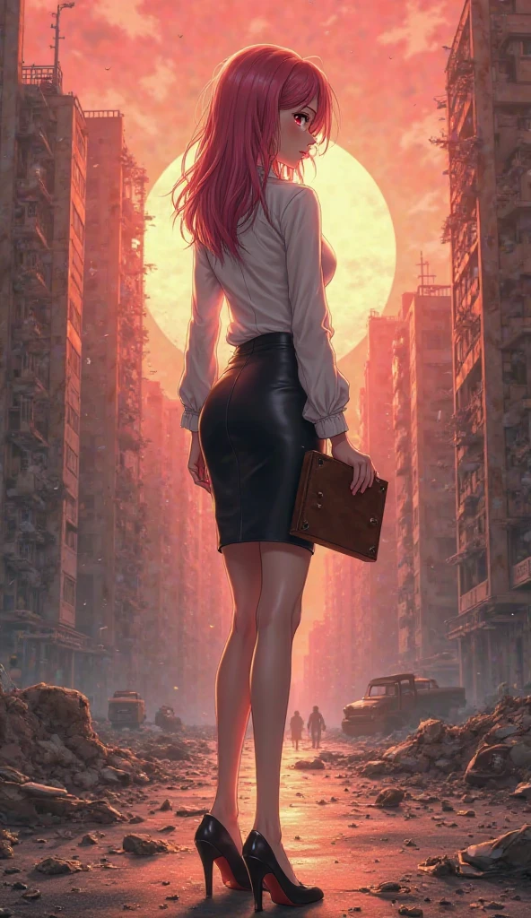 Anime girl dressed as a secretary in an apocalyptic world seen from behind 