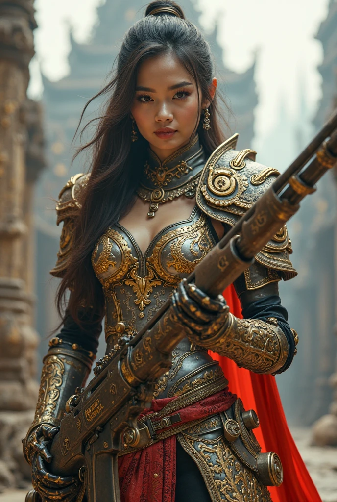 Ultra-realistic photo of a powerful big- fantasy beautiful Thai female full-armored warrior with long hair,evil sly smile,wearing highly detailed steampunk Royal-Thai pattern with metallic gold textures and weathered surface armored, ancient royal-Thai ornament warrior hat, holding a long royal Thai style ancient sniper rifle , dynamic pose , cinematic lighting, sharp focus, shallow depth of field, high dynamic range, soft shadows, realistic materials, photo taken in a studio with fantasy heaven city background, 85mm lens, f/1.4, ISO 100, 8K photo