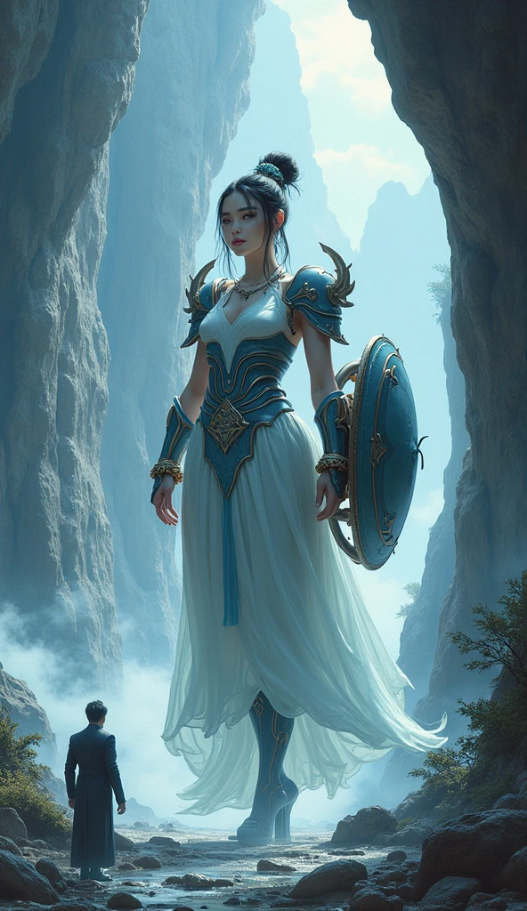 Giant Titan fairy ， 뜨거운 몸매와 긴 머리를 가진 fairy， huge curtain  ，   Giant shoulder guard   ，   Giant wrist guard   ， has two huge hand guards and a huge mechanical shield big enough to support herself，   Strong Warcraft body   ，  Sexy Warcraft body   ，  E milk  ，  Strong arms   ，   Heavy fist weapon   ， Walking through a huge alien world 。 A Get ready  woman from ancient Chinese Qin，  sexy and charming  ， Get ready  ，Concealing a， vibrant reflection ，Fair skin and Get ready  appearance，  delicate and tempting  ，饱满  E milk  ，  deep makeup，   exquisite makeup ，   Queen of the Qin Empire   ，  Exquisite and exquisite  ，Ancient Chinese architectural  style room， Wear a Chinese costume and kimono ，  Female s  ，   beautifully painted   ， acute 유혹，  Sashimi  ，dew，   Color ink embroidery   ，Tattoo， Japanese bedroom。{
  "scene": " blends with alpine precipice and the vast ocean",
  "message": "fairy（ vivid reflection ，Posthumous independence）",
  "details": { A very small man in a black suit is standing in front of her.
    "waterfalls": [" Flying  ", "  acute "],
    "mountains": ["Magnificent mountains and rivers", " precipice,  Yunryeong  "],
    "lighting": [" 거대한 연기의 water결 ", "Water and sky"],
    "emotion": ["  Solemn oath of love  ", ",  heart and mind  "]
  },
  "Kang Yo  ": ["  Crane  ", "lotus", "   Winding road   "],
  "  style": "  Traditional Chinese ink  ，   Powerful and light combination   ",
  "그림 water감": {
    "sky": " Smooth gradation ",
    "water": "  is flowing  ",
    "mountain": " dark gray and black  "
  }
}