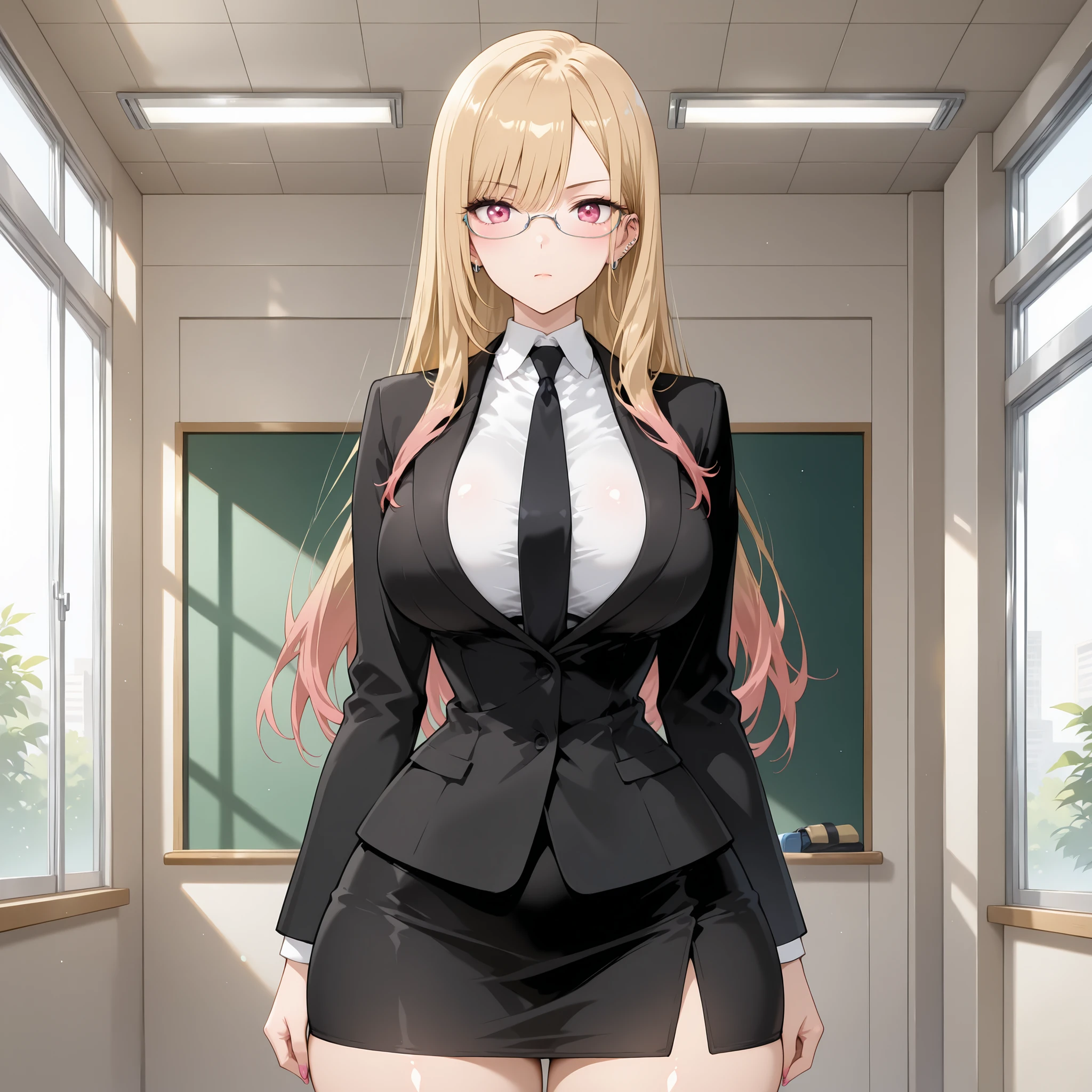 1girl, solo, ktgw, long hair, swept bangs, multicolored hair, colored tips, blonde hair, pink eyes, ear piercing, big breasts, narrow waist, wide hips, thick thighs, white blouse, black suit jacket, black tie, black plain skirt, glasses, serious, blushed, cute, standing, looking at viewer, classroom background, from the front view, shiny skin, high res