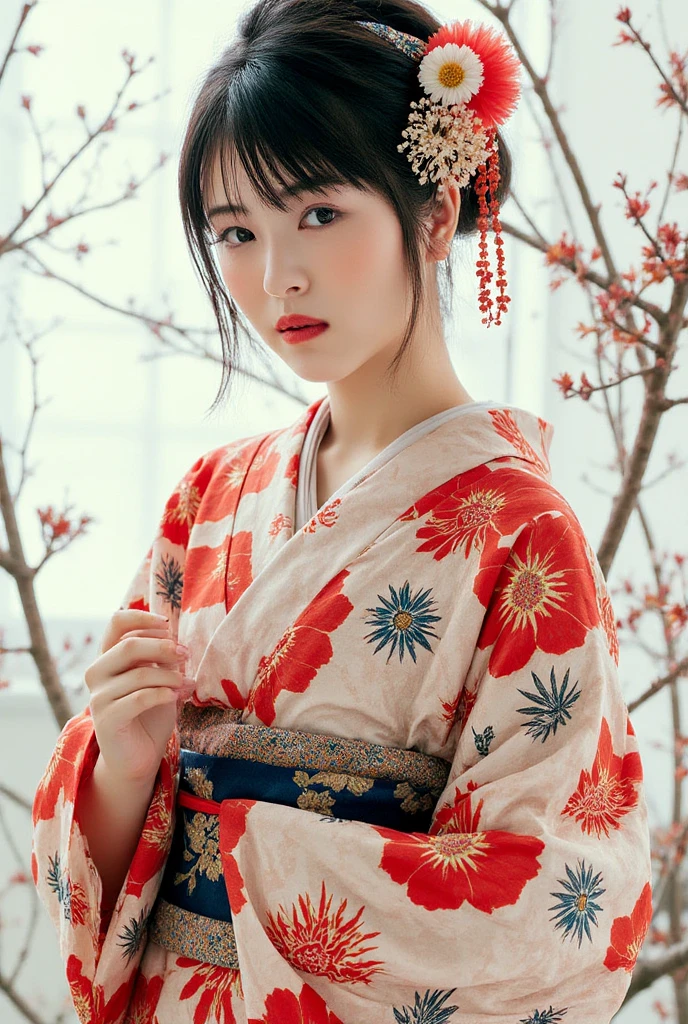 High quality ink painting、Japanese geisha and peony pattern kimono、model pose、full body
