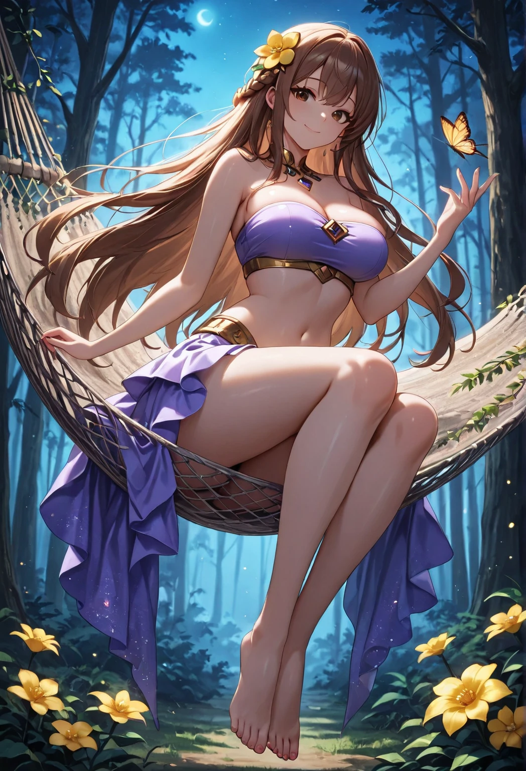 1girl, solo, long wavy hair, braided hair style, serene expression, mesmerizing green eyes, green pupils, (completely naked, fully naked, nsfw), poised posture, big breasts, perky breasts, hard nipples, nip-slip, visible areolas, hands up behind the head, armpit, collarbone, blushed, sitting on, (pubic hair freshly shaved):1.2, thick thighs, thigh gap, cameltoe, visible vulva, bare feet, naked feet, beautiful feet, perfect feet, beautiful toes, subtle blush, silver pendant, hoop earrings, golden hour, (rim lighting):1.2, warm tones, sun flare, soft shadows, vibrant colors, painterly effect, dreamy atmosphere, scenic lake, distant mountains, lodge background, willow tree, calm water, reflection, sunlit clouds, peaceful ambiance, idyllic sunset, ultra detailed, official art, unity 8k wallpaper, zentangle, mandala