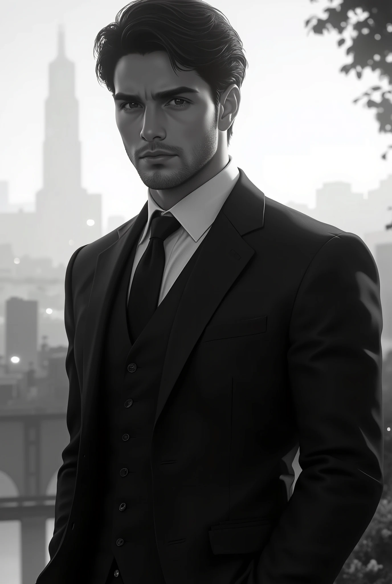 A forty-year-old man posing for an artistic photograph. He wears an elegant suit, scenery, anime style, blanco y negro, Light dark, close-up,