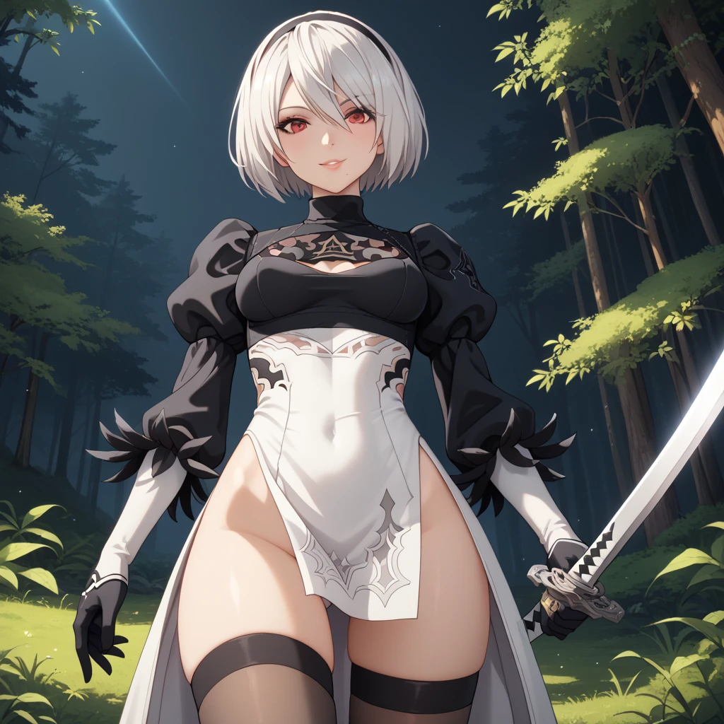 evil YoRHa 2B perfect doll, seductive, slutty, sexy, Nier Automata, 1girl, tall, athletic, pale skin, short white hair with side bangs, black blindfold, silver bob cut, white hair, red eyes, black gothic combat dress, high collar, white embroidery, puffy sleeves, tight bodice, thigh-high black stockings, black gloves, sleek and futuristic, standing proud, looking at viewer, elegant, composed, high quality, high resolution, masterpiece, best, dark forest, night, outdoor, walking forward, centered, upper body, close-up of neck, cowboy shot, detailed mechanical textures, glowing accents, faint aura, cinematic lighting, moody atmosphere, from below, pointing at viewer, mean smile, confident, cocky, arrogant, thin, skinny, sword, sword in sheath, Katana behind her back.