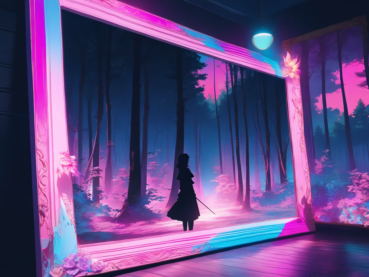 (Shoujo Kakumei Utena Style shadow picture:1.5),(sシルエット) ,(vaporwave:1.5),Cyber nostalgia explosion,Glitch Effects,pink gradation, (masterpiece, best quality:1.2, 8k,16k,high-resolution,(Mirror clock:1.3)（Dark Forest:1.3),Fantasy World、It suddenly happened one day, and the beginning was a letter, and the sender lived a long time ago, such a mysterious encounter

There are things like this in my time now, and we live like this, a romance that somehow blossomed while we were putting it into letters and communicating with each other

Words spelled from each of our worlds that we will never meet without even knowing how to solicit feelings

I'm always waiting impatiently for your words, I live in a different era, but I want to communicate with you over and over again if your wishes come true, I want to meet you because it's fine at first sight because I like you

What I suddenly remembered was the era you live in, what will happen tomorrow, if I have to tell you sad things, please wake up, miracle

Passing by and the changing seasons, letters that have been interrupted since then, only words that don't arrive anymore tighten my heart

I'm still walking in the future that you wanted to see 100 years far away, now I'm still walking, the letter that arrived to me with painful feelings in my heart looks familiar and the characters I've been waiting for

It's the last love letter you wrote to me beyond that day, I'll hold on to the proof that you lived in your time even after eight generations, and I'm going to tell you all that I see in my time someday